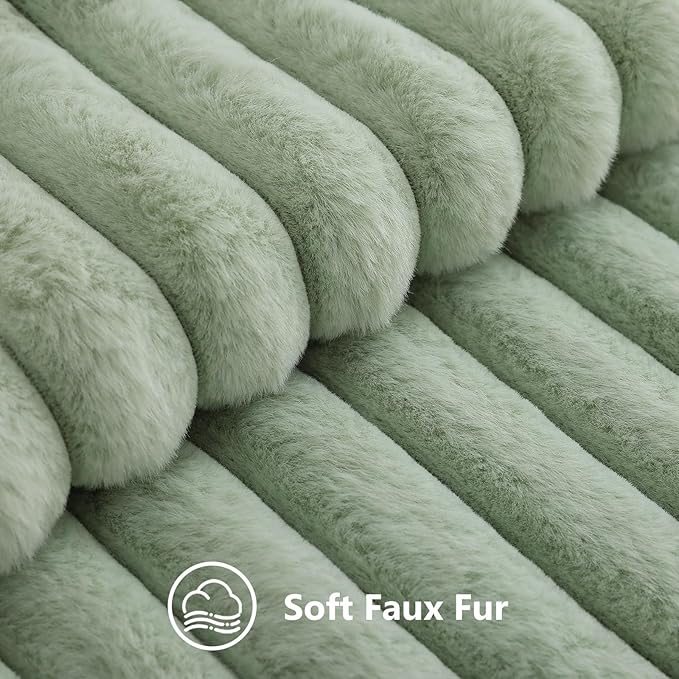 decorUhome Summer Cozy Faux Fur Throw Pillow Covers 18x18 Set of 2 Decorative Soft Plush Striped Modern Farmhouse Boho Couch Pillow Cases with Velvet Back for Sofa Bed Living Room, Sage Green