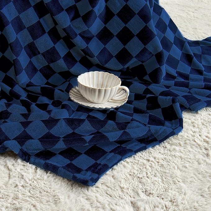 FY FIBER HOUSE Checkered Flannel Fleece Throw Blanket Queen Size Soft Cozy Checkerboard Grid Print Chessboard Gingham Pattern Blankets for Bed Couch Sofa, 90"x90", Navy