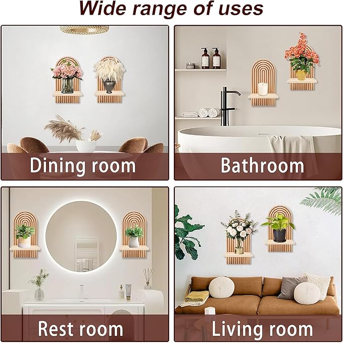 LIYAOLI Boho Wall Shelf Set of 2-15 x 8.6 Inch Arched Wooden Hanging Shelves for Living Room & Bedroom - Mid-Century Modern Bohemian Wall Decor (Natural Wood Finish)