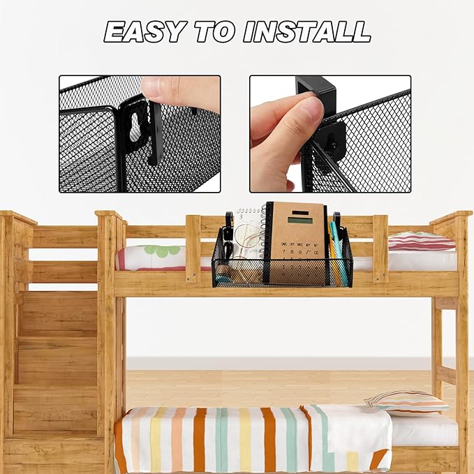 Zubebe 2 Pieces Bedside Shelf for Bed with 10 Pairs Hooks Bunk Bed Shelf for Top Bunk Bedside Caddy Hanging Storage Basket Black Metal Organizer for Book Phones Drinks College Dorm Home Office Desk