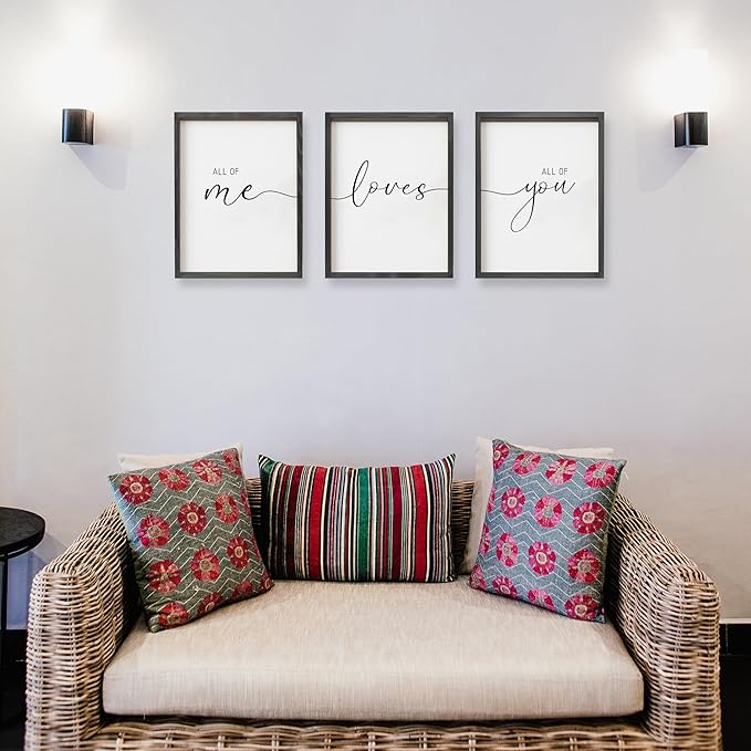 Set of 3 Framed Farmhouse All of Me Loves All of You Sign 11x14” Above Bed Wall Decor for Bedroom Decor Wall Art Wood Signs (Black, 16"x24")