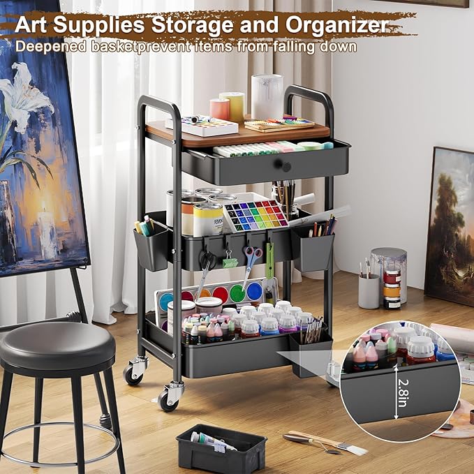 3 Tier Metal Rolling Cart with Wooden Table Top and Drawers, Black Utility Storage Cart on Wheels, Three Tiered Art Carts Organizer for Craft, Baby Diaper Caddy, Snack, Laundry, Dorm, Bedside,Bathroom