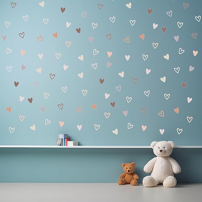 72psc Boho Heart Wall Stickers Girls Bedroom Removable Wall Decals Nursery Kids Decor, Cute Decorations, Pastel Hearts Wall Art Stickers for Kids Room Bedroom Playroom Nursery Room