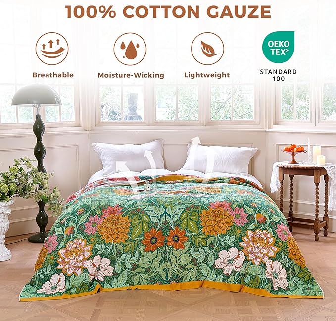Boho Throw Blanket for Bed Cotton Spring Blankets Bedroom Living Room Twin All Season Lightweight Floral Embroidery Quilt for Couch Sofa Chair 60"x80"
