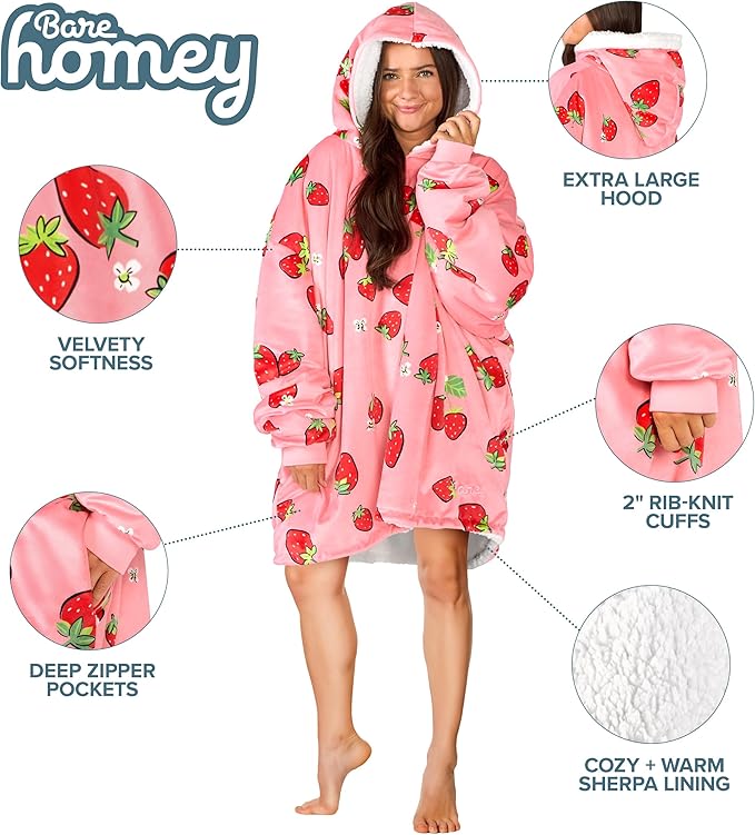 Bare Home Wearable Blanket Hoodie - Soft Plush Sherpa - Warm and Cozy - Oversized Wearable Blanket - Adult & Kid Sizes