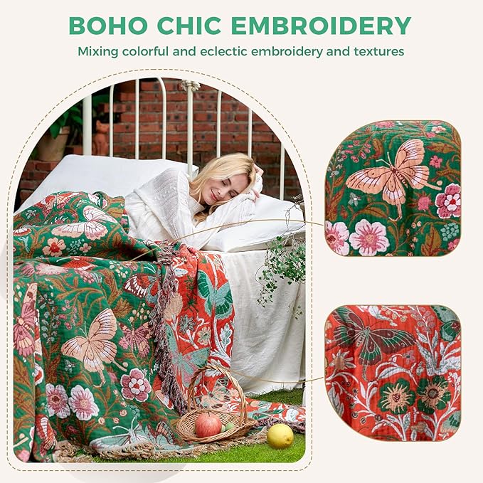 Boho Throw Blanket for Couch Sofa Chair Cotton Spring Blankets for Bedroom Living Room All Season Lightweight Reversible Butterflies Embroidery Throws 50"x60"
