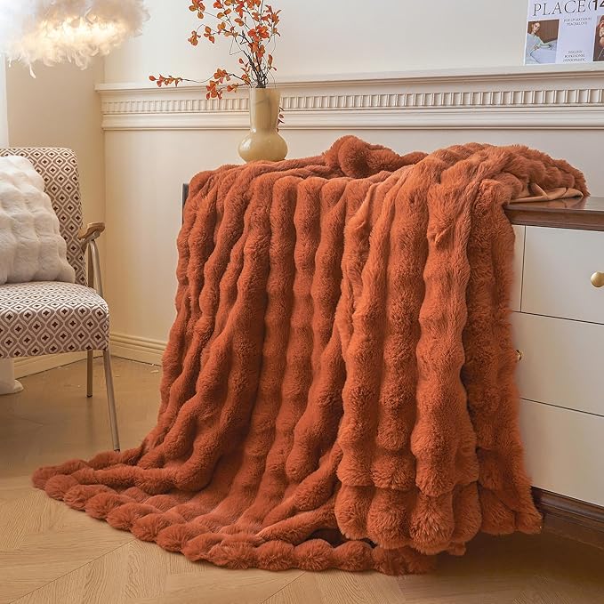 LIFEREVO Fluffy Faux Rabbit Fur Bubble Throw, Plush Shaggy Blanket for Couch Sofa Chair, Soft Cute Furry Bed Blanket Adults Kids Teens Girls, Fuzzy Throw for Bedroom Living Room, 50x60, Burnt Orange