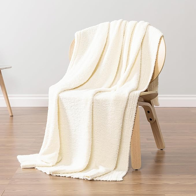 PAVILIA Super Soft Throw Blanket for Couch, Fluffy Cozy Lightweight Cream Blanket, Fuzzy Warm Knit Blanket for Bed Sofa, Beige, 50x60