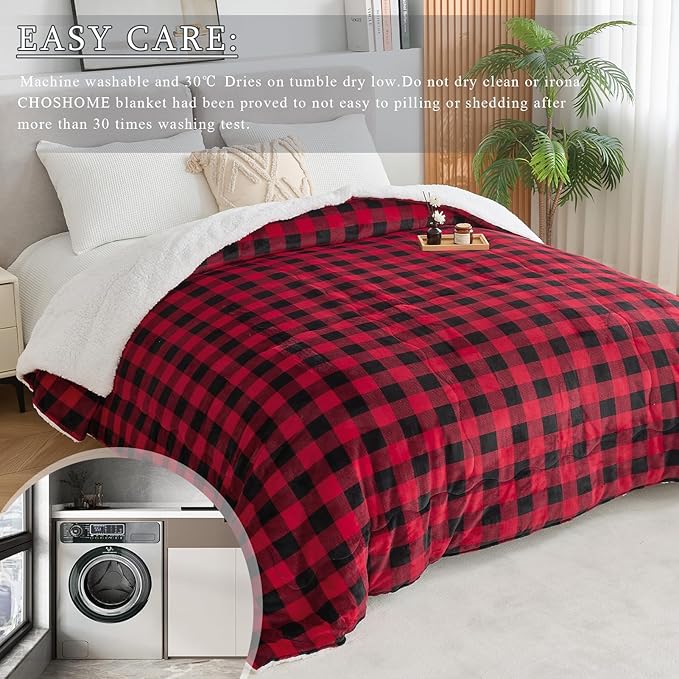 CHOSHOME Sherpa Fleece Blanket- Thick Warm Blanket for Winter, Soft Fuzzy Plush Blanket for Bed, Couch, Travel (Checker Red, Queen 90" x 90")