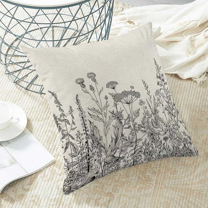 AEIOAE Black White Gray Pillow Covers 20x20 Inch Set of 2, Spring Wildflower Plant Throw Pillows Case,Seasonal Floral Outdoor Decorative Flowers Farmhouse Decor Cushion Covers for Home Sofa Bed Couch
