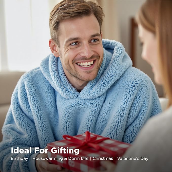 Bedsure Blanket Hoodie, Wearable Blanket Hoodie as Mothers Day Gifts for Mom, Birthday Gifts for Women Men, Warm Cozy Hoodie Blanket Sweatshirt for Adult Women Men, Sky Blue, Standard