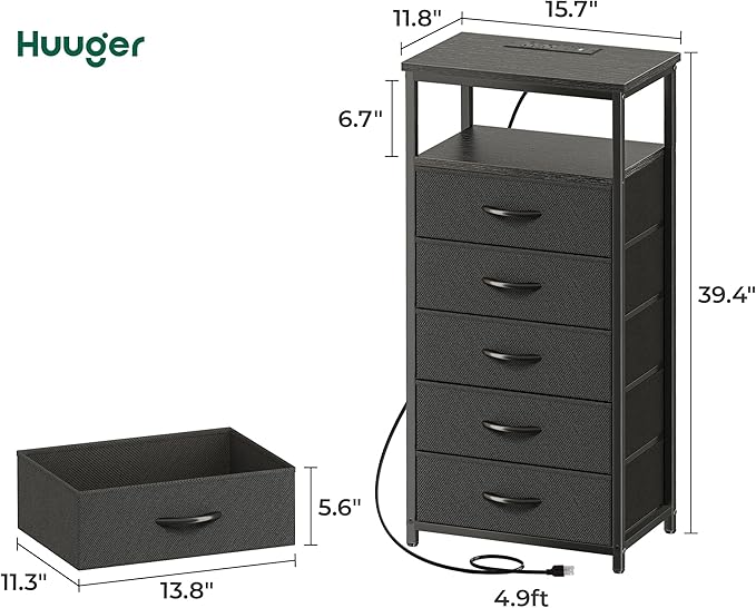 Huuger 5 Drawers Dresser with Charging Station, Dresser for Bedroom, Tall Night Stand, Chest of Drawers with Open Shelf, Bedside Table Nightstand, Fabric Storage Drawers, for Entryway, Black