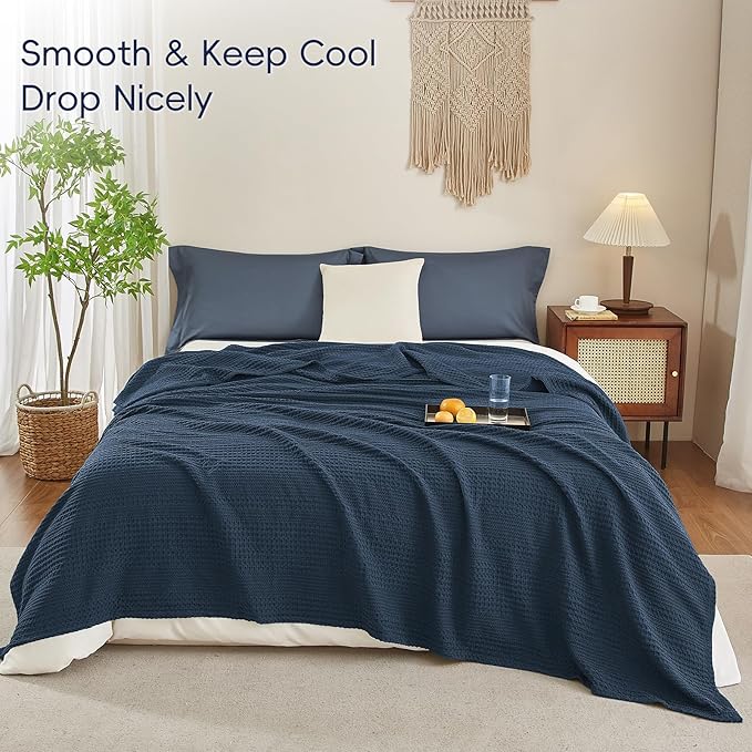 PHF Lightweight Waffle Weave Blanket King Size, Breathable & Ultra Soft, 104"x 90" Soft & Cozy Thin Blanket for All Season & Hot Sleepers, Bed, Home Decor - Navy Blue