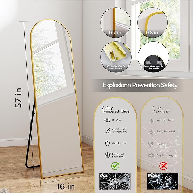 57x16 Door Hanging Full Length Mirror, Floor Stand (Height 5.7ft just Body in1.3ft) / Wall Mounted Metal Frame Arch Dressing Mirrors for Bedroom Living Room 57 inch Gold