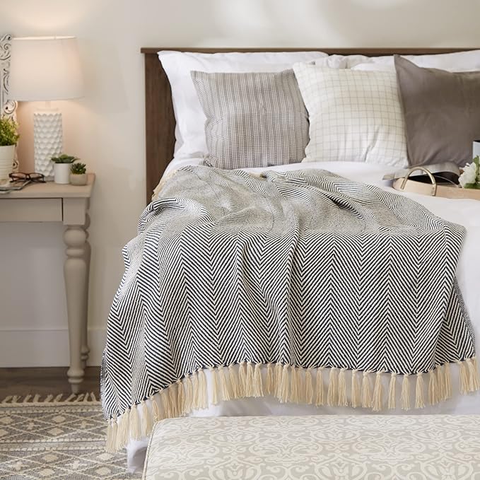 DII Rustic Farmhouse Cotton Chevron Blanket Throw with Fringe for Chair, Couch, Picnic, Camping, Beach, & Everyday Use, 50 x 60 - Urban Chevron French Blue
