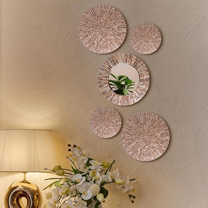 Wesiti 5 Pcs Christmas Wall Art Decor Boho Mother of Pearl Mirror Wall Decor Handmade Bohemia Hanging Plates Art for Bedroom Bathroom Decoration