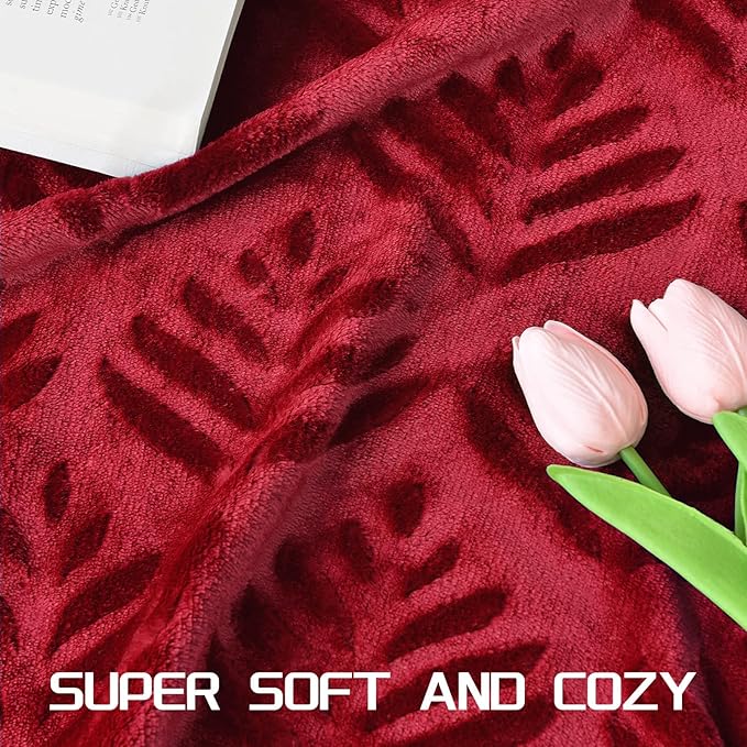 Exclusivo Mezcla Twin Size Fleece Blanket for Bed, Super Soft and Cozy Blankets All Season Use, Leaves Pattern, Plush Fuzzy Lightweight, Deep Red, 60x80 Inch