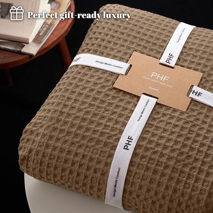 PHF Ultra Soft Waffle Weave Blanket King Size（104"x 90"）- Washed Lightweight Breathable Cozy Woven Blanket for Bed - Aesthetic Decor for Couch Bedding Sofa Home Car - Mocha