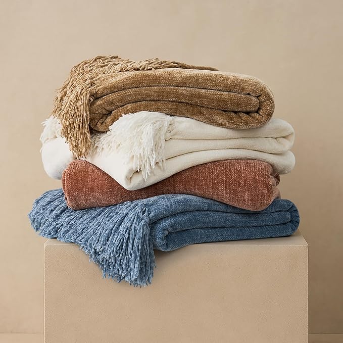 EverGrace Soft Chenille Throw Blanket for Couch, Cozy Plush Fuzzy Decorative Chenille Knit Throw Blanket with Tassels, Lightweight Blanket and Throws for Bed Sofa Gift Home Decor, Cloud Blue 60"x80"