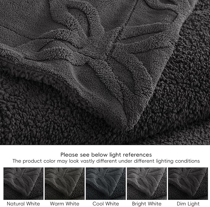 PHF Soft Sherpa Fleece Throw Blanket for Couch, 510GSM Fleece Lightweight Yet Warm Blanket, No Shed No Pilling, 50" x 60", Tufted Jacquard Cozy Thick Bed Throw for Home Decor Christmas, Dark Grey