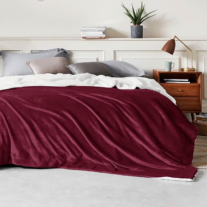 Bedsure GentleSoft Sherpa Fleece Blanket Queen Size for Bed, Non-Heated, Thick and Warm Throw for Girls and Women, Soft Fuzzy Plush Queen Blanket for Winter, Burgundy, 90x90 Inches