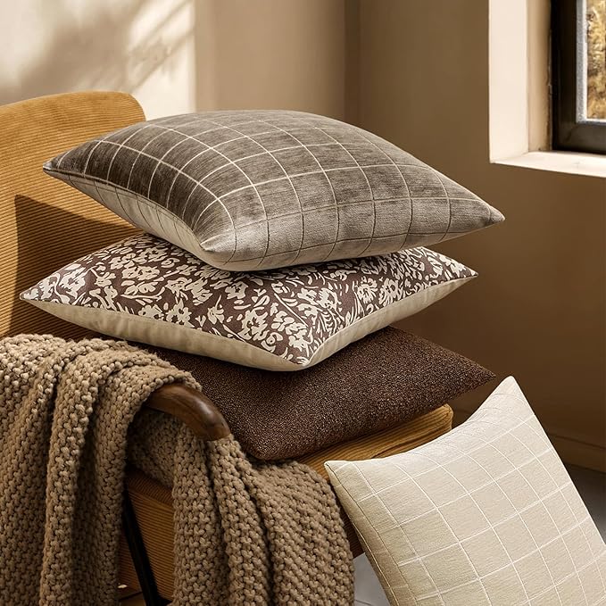 MIULEE Decorative Chenille Check Throw Pillow Covers Vintage Plaid Couch Pillows 16x16 Inch Set of 2 Neutral Boho Farmhouse Cushion Covers Modern Spring Home Decor for Sofa Bed Living Room Taupe Grey