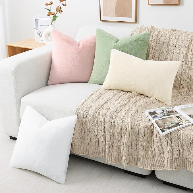 Pallene Faux Fur Plush Lumbar Spring Throw Pillow Covers 12x20 Set of 2, Soft Fluffy Couch Pillow Covers for Living Room, Sage Green