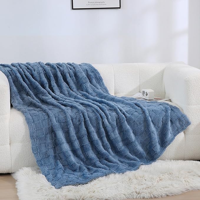 Dusty Blue Fleece Throw Blanket 60”×80” for Couch Sofa Bed,Super Soft Cozy Plush Microfiber Flannel Blanket with 3D Checkered Design Lightweight for Adults,Woman,Girls