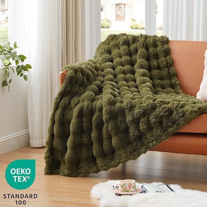 EXQ Home Rabbit Faux Fur Throw Blanket for Couch,Soft Fluffy Bubble Double Sided Plush Blanket,Cozy Thick Warm Fuzzy Decorative Blanket for Bed Chair Sofa Living Room, 50x60 Inches (Dark Green)
