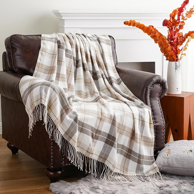 BATTILO HOME Fall Plaid Throw Blanket for Couch, Farmhouse Checkered Decor Throw, Lightweight Beige Throw Blankets for Bed Sofa Neutral Fall Decor, 49"x63"