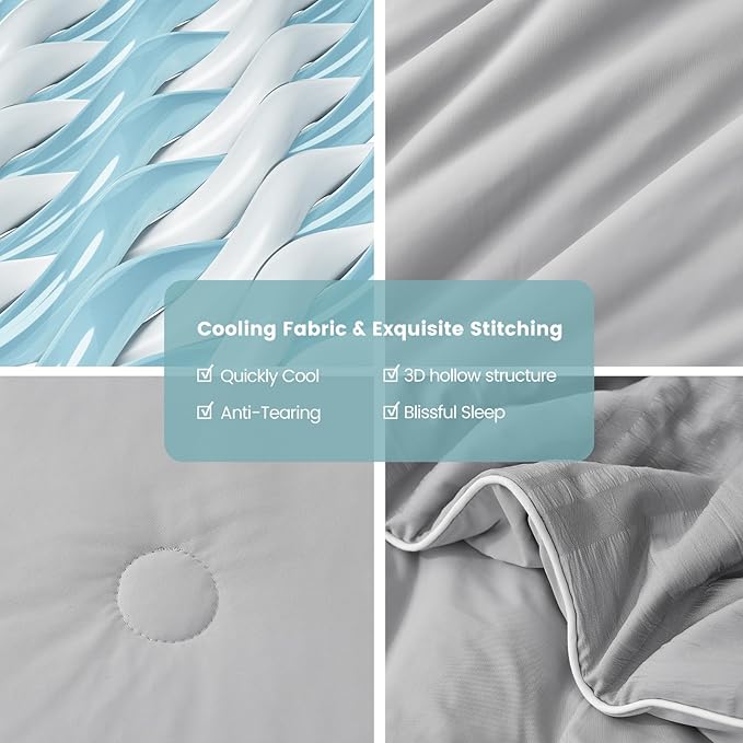 Cozy Bliss Seersucker Cooling Comforter Queen Size, Q-Max 0.45 Reversible Lightweight Cooling Blanket, Breathable Silk Smooth Summer Bedding Quilt for Hot Sleepers Night Sweats Light Grey