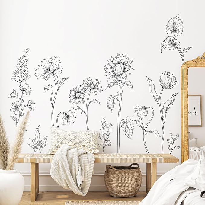 Large Black and White Flower Wall Decals, 3 Sheets Simple Modern Minimalist Sunflower Tulip Wall Stickers Floral Art Decor for Girls Bedroom Home Room Office Adult Gifts for Mom(11.8x35.4 in/Sheet)