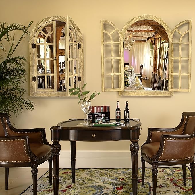 Window Mirrors for Wall Decor -Arched Wall Mirror Farmhouse Wall Decor Wood Frame Decorative Wall Mirrors Like Window for Bedroom, Living Room, Entrance, Dining Room