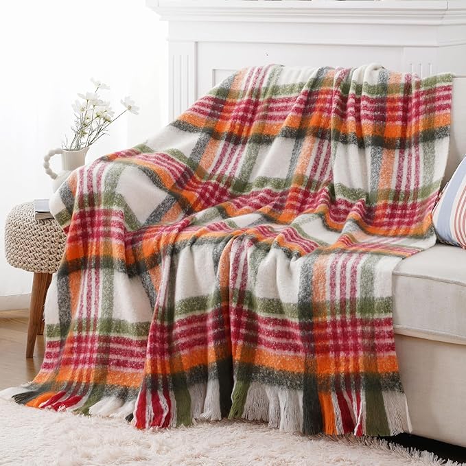 BATTILO Christmas Red Plaid Throw Blanket for Couch Bed, Soft Mohair Tartan Plaid Blanket, Farmhouse Style Checkered Pattern, Red Green Throw Blankets for Home Decor(50"x60")