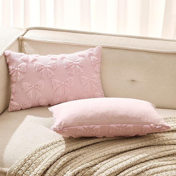 MIULEE Light Pink Bow Pillow Covers Coquette Room Decor Aesthetic Set of 2 Spring Decorative Cute Girl Soft Plush Faux Pillowcase for Preppy Room Decor Bedroom Couch,12x20 Inch