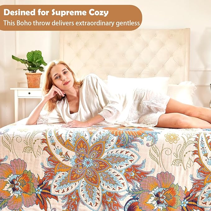 Boho Throw Blanket, 100% Organic Cotton Breathable Skin-Friendly Ultra Soft Bed Quilt Throw - All Season Floral Bird Farmhouse Décor Luxury Blanket for Sofa Couch Chair and Gift. 50" x 60"