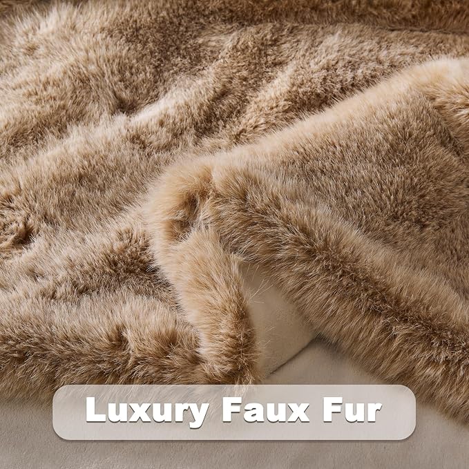 NEWCOSPLAY Faux Fur Throw Blanket Brown White Luxury Fluffy Thick Warm Blanket for Couch Sofa Bed 1000GSM (Brown White Thick, Throw(50"x60"))