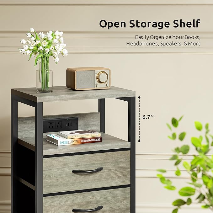 NightStand Bedside Charging Table Bedroom - Night Stand with Charger Station, Modern Nightstand with Open Shelf & 4 Fabric Drawers, End Table with USB-C USB Ports & AC Outlets for Dorm, Grey