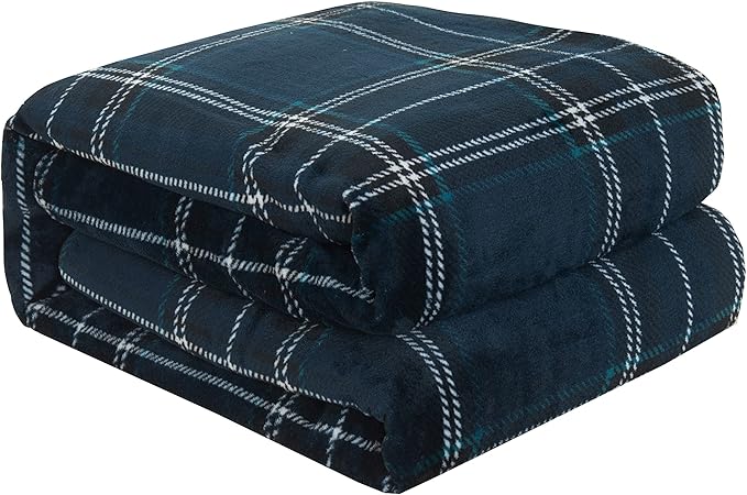 Elegant Comfort Luxury Velvety Feel Blanket, All-Season Lightweight Blanket, Ultra Plush, Soft, Cozy-Fuzzy Flannel Fleece for Couch, Sofa, Bed, Travel, Plaid Design, Full/Queen, Navy