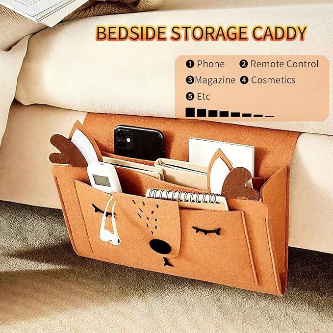 Bedside Storage Caddy Hanging Organizer Bag, Book Magazine Holder, for Magazine, Tablet, Phone, Remotes Glasses, Cute Christmas Elk Design, Brown