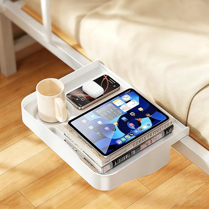 Bedside Caddy for Dorm Bed - Clip On Nightstand with Cup Holder, Floating Bed Side Table Tray Storage,College Dorm Room and Kids Room Essentials,Blending Decor and Storage （White）