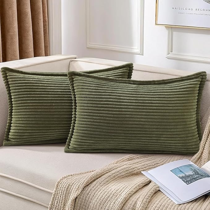 Mecatny Corduroy Throw Pillow Covers 12x20 Set of 2, Neutral Decorative Soft Boho Lumbar Couch Pillow Covers with Broadside for Sofa Living Room, Olive Green
