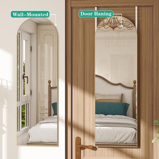 TinyTimes Over The Door Mirror Full Length,48"x14"Door Hanging Mirror Full Length Arch Mirror,Behind The Door Wall Mirror,Back of Door Mirrors for Closet Bedroom Living Room (Gold)