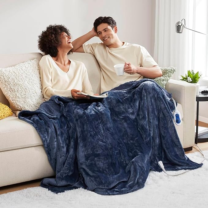 Beautyrest Heated Blanket, Electric Throw Blanket, Soft, Warm, Reversible Plush - Sherpa Heating Blanket Throw, 3 Heat Settings, 2 hr Auto Shut Off, Machine Washable, Oversized 60 in x 70 in, Indigo