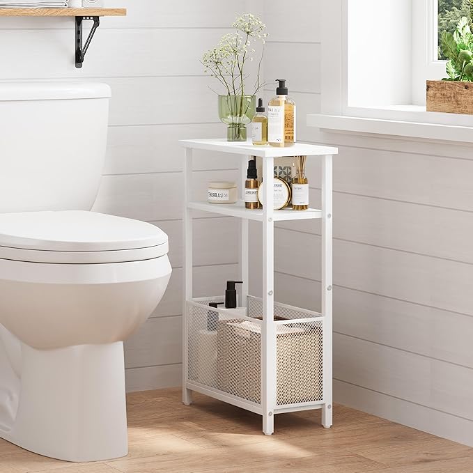 Narrow Side Table with Storage Basket Skinny End Tables for Smalls Spaces 3 Tier Sofa Table Small Nightstand Slim Bedside Table for Living Room Bedroom White MLBZ22W