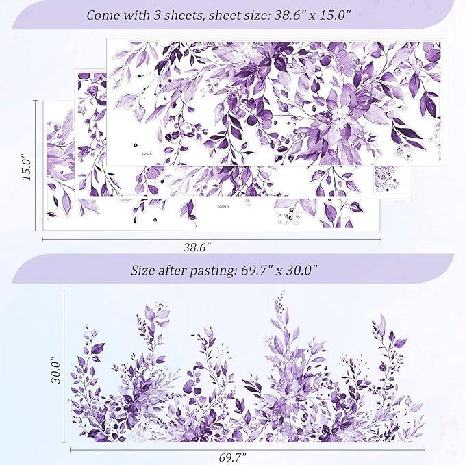 Purple Plants Leaves Wall Decals Peel and Stick, Large Floral Flowers Wall Stickers, Removable Vine Home Decor Art for Bedroom Living Room Classroom Office
