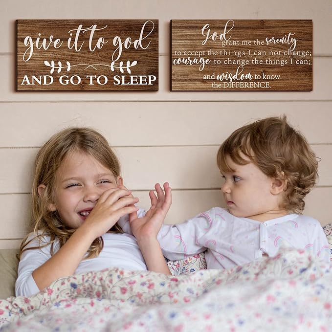 Chunful 2 Pcs Give It to God and Go to Sleep Sign Above Bed Wall Decor Serenity Prayer Sign Prayer Wall Art Rustic Farmhouse Vintage Bedroom Decor for Home(Vintage Style)