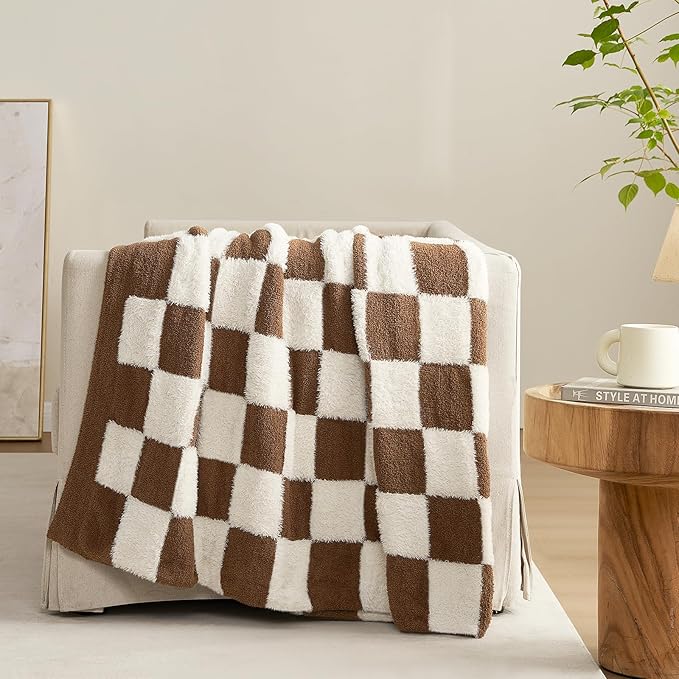 Snuggle Sac Brown Checkered Throw Blanket Faux Fur Microfiber Blankets for Couch,Cozy Soft Warm Blanket for Sofa Bedroom Living Room,Brown Checker,60x80 inches