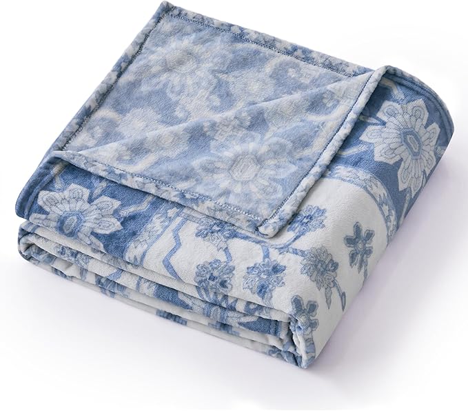 Garden Print Blanket Fleece Throw for Bed Sofa Travel and Camping, Super Soft Cozy Fluffy Plush Garden Print Blanket for All Seasons 50"x60" Navy Blue