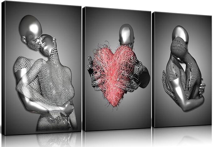 Framed Love Heart 3d Wall Art Romantic Couple Hug Abstract Art Prints Posters Decor Grey Black and White Canvas Prints Bedroom Bathroom Hotel Valentine'S Day Ready to hang 16x24InchX3